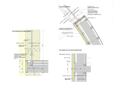 Die Detailzeichnungen zeigen den Aufbau und die Anschlussgestaltung bei den Stahlbindern, der Betondecke und der Geländer