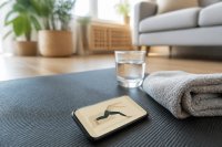 Smartphone mit geöffneter Übungs-App auf einer Trainingsmatte neben einem Handtuch. Ein Smartphone liegt auf einer dunkelgrauen Trainingsmatte in einem hellen Wohnzimmer, auf dem Bildschirm ist eine schematische Übungsansicht ohne lesbaren Text zu erkennen, daneben ein zusammengelegtes Handtuch und ein kleiner Wasserbecher. Symbolbild für digitale Gesundheitsanwendungen und Bewegungsprogramme für zuhause. 