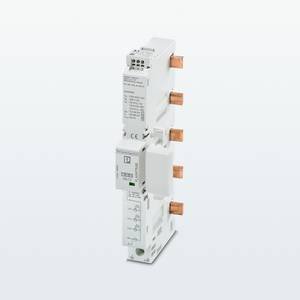 Kombiableiter Typ 1+2+3 von Phoenix Contact mit aufgestecktem Fernmeldemodul FLT-SEC-ZP2-FM-MODULE zur Einbindung der Geräte in Gebäudeleittechnik / Bild: Phoenix Contact