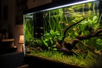 Blick in ein bepflanztes Süßwasseraquarium mit Zierfischen im Wohnraum
