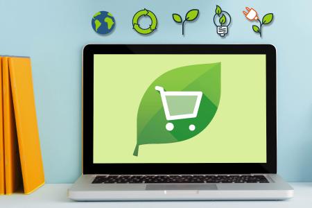 Green shopping cart: Customers can choose from 3,000+ products in the Onlineprinters shop including many eco-friendly print products, such as vegan stickers, balloons made of natural latex and recycled paper calendars / Copyright: Onlineprinters GmbH