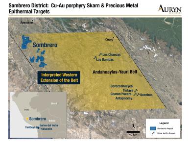 Abbildung 1: Darstellung der Position des regionalen Sombrero-Landpakets von Auryn in Bezug auf den Andahuaylas-Yauri-Gürtel, der die Lagerstätten Los Bambas, Las Chancas, Tintaya und Antapaccay beherbergt. Das technische Team von Auryn ist der Auffassung, dass sich dieser Gürtel unterhalb einer partiellen vulkanischen Schicht in Richtung Westen erstreckt und das Potenzial aufweist, sowohl Kupfer-Gold-Skarn- als auch Porphyre und epithermale Edelmetalllagerstätten zu beherbergen
