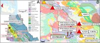 Abbildung 1: (A) Standortkarte des Projekts CD und benachbarter Projekte innerhalb des Dawson Range Gold Belt, überlagert auf der Karte der tektonischen Assemblage des Yukon. (B) Regionale Geologie im Umfeld des Projekts CD mit den Standorten des Porphyrs (auch bekannt als Maloney) und des Ziels Schist, einschließlich des Standorts benachbarter Lagerstätten, insbesondere jener aus der ähnlichen späten Kreide der 