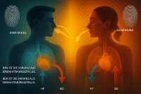 Die Grafik veranschaulicht das Zusammenspiel von Atmung, Herzfrequenz (HRV) und Blutdruckschwankung zweiter Ordnung (BDII). Beim Einatmen steigt die Herzfrequenz, der Blutdruck sinkt; beim Ausatmen geschieht das Gegenteil. HRV und BDII bilden gemeinsam den rhythmischen Ausgleich des Kreislaufs – ein physiologisches Gleichgewicht, das durch moderne Messsysteme wie BPER sichtbar gemacht werden kann. Die Grafik veranschaulicht das Zusammenspiel von Atmung, Herzfrequenz (HRV) und Blutdruckschwankung zweiter Ordnung (BDII). Beim Einatmen steigt die Herzfrequenz, der Blutdruck sinkt; beim Ausatmen geschieht das Gegenteil. HRV und BDII bilden gemeinsam den rhythmischen Ausgleich des Kreislaufs – ein physiologisches Gleichgewicht, das durch moderne Messsysteme wie BPER sichtbar gemacht werden kann.