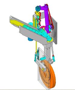SOLIDWORKS Motion in Action. Rechts unten dreht sich eine orangefarbene Scheibe mit Nutkurve. Über SOLIDWORKS Motion wurde abgeleitet, wie diese Kurve auszusehen hat. Hierzu wurde die Abwärtsbewegung des gelben Teils mit dem Tubendrücker (grau) in der Mitte des Bildes oben vorgeben. Die Auslegung findet unmittelbar in der integrierten SOLIDWORKS-Entwicklungsumgebung statt, Quelle: IWK