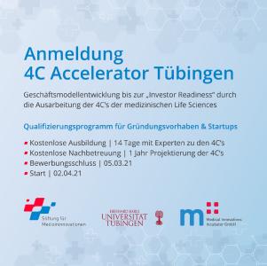 Register now for the free “4C Accelerator Tübingen” of the Stiftung für Medizininnovationen, the Medical Innovations GmbH and the University of Tübingen!
This training program is funded by the ministry of economy Baden-Württemberg and oriented to start-ups and those interested in founding one.