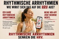 Die Infografik „Rhythmische Arrhythmien – wie wirkt sich das auf die HRV aus?“ zeigt eine entspannte Person, deren HRV-App einen niedrigen Wert anzeigt (28 ms, ‚Belastung nicht ideal‘). Links: Rhythmusstörungen verschwinden unter Belastung, der Person geht es gut. Rechts: Unter Belastung sinkt die HRV – niedrige Werte bedeuten nicht automatisch, dass etwas nicht stimmt. Fazit: Rhythmische Arrhythmien senken die HRV, ohne dass die tatsächliche Gesundheit schlechter ist.
