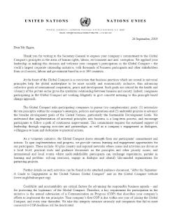 Schreiben der Vereinten Nationen (UN) an Robert Egger, Geschäftsführer, Egger PowAir Cleaning GmbH