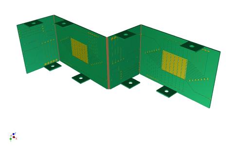 The 3d-bent PCB, with three kinks in this example, fits around obstacles when space is limited.