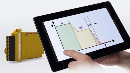 The parameterizable delay time (SS1 time) can be used to prevent machine damage and production losses. The safety function is integrated in the new SAF 002/003 safety modules from Baumüller