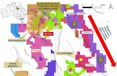 Figure 1: Map of the Mt Isa SE project showing exploration permits, competitors, outcropping areas, gravity structures and the F11 drill target. (to include inset map of Mt Isa)