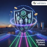 Futuristic skyline of Vienna at night, glowing with neon-blue and emerald-green lights. The Stephansdom and modern office towers are illuminated, connected by luminous data streams. Above the city floats a massive digital shield filled with human silhouettes, checkmarks and trust seals, symbolizing Validato Background Screening. Around it orbit abstract coins and data sparks, visualizing cost reduction and efficiency. Atmosphere: professional, visionary, secure. validato.com