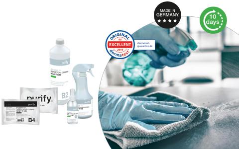 Step two of the purify hygiene concept for aviation: surface disinfectant & cleaning
