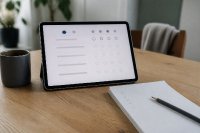Tablet mit angedeuteter Fragebogenoberfläche auf einem Tisch neben Notizzettel und Stift