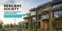Key Visual Resilient Society mit Text. Innovative Architektur mit begrünter Fassade.