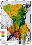Abbildung 1: Konturen und Farben der vollständigen Bouguer-Anomalie (2,67 g/cm³), überlagert auf dem ArcticDEM-Schattierungsmodell.