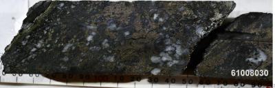 Foto 3: Reichlich Pyrrhotit und Quarz mit Spuren von Chalkopyrit und Pyrit in Verbindung mit Chlorit-Pyrit-Quarz-Scherung (linke Seite des Kerns; aus Probenintervall 814,0-814,7 Meter)