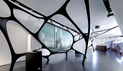 Experiencing art in art: the Mobile Art Pavilion’s fluid architectural language also affects its interior currently showcasing the opening exhibition "Zaha Hadid, une architecture". Its organic forms and structures enable a constant variety of exhibition spaces, creating a unique context which facilitates the viewing of art as a collective experien