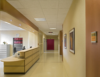 Beim neu gestalteten Flur im Medizinischen Versorgungszentrum wechseln sich gelbrötliche Putzstruktur (Capadecor Putz) und kupferfarbene metallisch schimmernde Flächen (Metallocryl INTERIOR) ab. Einen Akzent setzt die rubinrote Tür