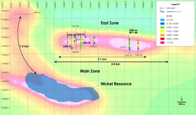 Abbildung 2 - Draufsicht auf die East Zone, Nickelzone – Darstellung der Bohrergebnisse über der magnetischen Gesamtfeldstärke, Nickel Kobaltsulfid Projekt Crawford, Ontario