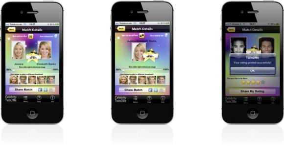 With Celebrity Twin2Me you can now morph your face with your doppelganger, get a
“split-face” view, and view and rate other peoples’ matches.