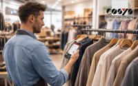 Digitale Bestandserfassung im Modegeschäft: Mitarbeiter prüft Artikelbestand direkt am Regal per mobilem MDE-Gerät.