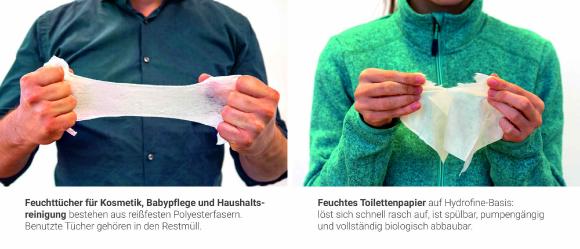 Links: Feuchttücher für Kosmetik, Babypflege und Haushaltsreinigung bestehen aus reißfesten Polyesterfasern. Benutzte Tücher gehören in den Restmüll. Rechts: Feuchtes Toilettenpapier auf Hydrofine-Basis: löst sich schnell auf, ist spülbar, pumpengängig und vollständig biologisch abbaubar.