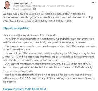 Abbildung 2: Blog Post SAP SE PLM
Vollständiger Text: https://www.linkedin.com/posts/frank-spiegel-6231694_sapplm-siemens-sap-activity-6691553168037416960-X3g7