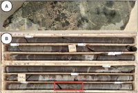 Abbildung 1 – Bohrloch BR25-001 in 149 m Tiefe. (A) Nahaufnahme von massivem Pyrrhotin > Chalkopyrit innerhalb des Skarnhorizonts. (B) Die Mineralisierung innerhalb des Skarnkörpers besteht aus Zonen mit Massivsulfiderzen sowie weniger stark ausgeprägtem, blattförmigem Chalkopyrit.