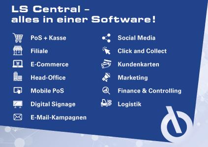 Infografik: Die Retail-Komplettsoftware LS Central bietet alle Funktionen für PoS, Kasse, Filialverwaltung, Head Office, Logistik und Warenwirtschaft in einer Lösung.
