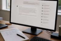 Bildschirm mit einer KI-Antwort und einer Spalte verlinkter Quellenkarten neben einem Notizblock. Ein Monitor zeigt eine Chat-Oberfläche mit einer mehrzeiligen Antwort und rechts daneben eine Spalte kleiner Quellenkarten mit unleserlichen Platzhalterzeilen, davor liegen ein Notizblock mit Strichliste und ein Stift auf dem Schreibtisch. Symbolbild zur KI-Sichtbarkeit von Marken in Antwortsystemen. Bild KI-generiert