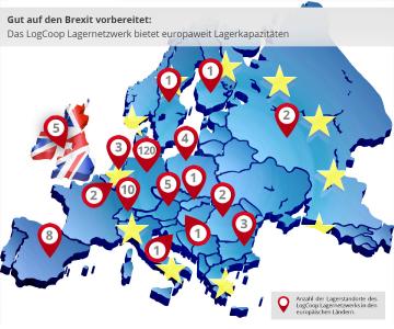 LogCoop hilft, die Auswirkungen des Brexits abzufedern: An 169 Standorten europaweit stehen Mitgliedern des Lagernetzwerks ausreichend Kapazitäten zur Aufstockung ihrer Lagerbestände zur Verfügung / Grafik: LogCoop
