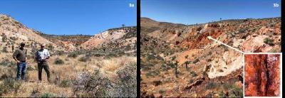 Abb. 3: Fotos des neuen Zielgebiets Hidden Valley von Corvus Gold nordöstlich des Siliziumprojekts von AngloGold Ashanti. 3a: Ron Largent (Chairman) und Jeff Pontius (CEO) beim neuen Ziel Hidden Valley. 3b: Mittlere Alterationszone. 3c: Hochgradiger chalzedonischer Erzgang