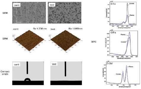 Figure 1. SEM and SPM measurements did not reveal any changes in surface structure and roughness due to the plasma treatment. In contrast, the water contact angle decreases from 63° to 0°. XPS measurements show that the carbon content on the surface decreases, while the oxygen and zirconium content increases.