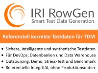 IRI RowGen erzeugt Milliarden sicherer, intelligenter Testdaten in verschiedenen Formaten mithilfe von Metadaten statt echten Daten. Es synthetisiert präzise, relationale Testdaten und passt Datenformate, Volumes und mehr an. Entwickelt von Experten für Datenmodellierung, Integration und Verarbeitung zur Zeit- und Energieersparnis bei der Erstellung DSGVO-konformer Testdatensätze.