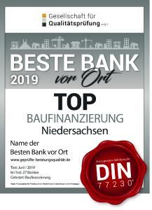 Auszeichnung: Beste Baufinanzierungsberatung 2019 in Niedersachsen