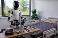 Humanoider Forschungsroboter neben einem Pflegebett in einem Übungsraum mit Sensorgurten auf einem Tisch. Ein humanoider Forschungsroboter mit zwei Armen steht neben einem höhenverstellbaren Pflegebett in einem hellen Übungsraum, auf einem Beistelltisch liegen Gurte mit kleinen Bewegungssensoren und ein Tablet. Symbolbild zur Pflegerobotik in der Forschung und zur Übertragung von Bewegungswissen auf Roboter. Bild KI-generiert