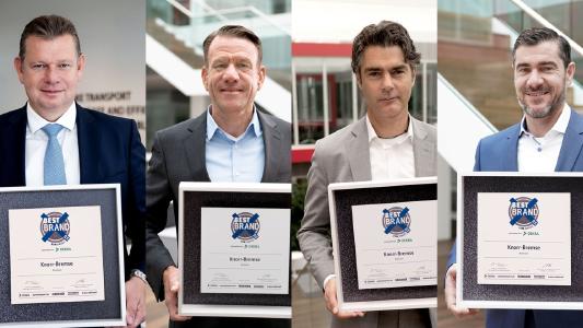 For the fifteenth time in a row, Knorr-Bremse received the "Best Brand" award in the brakes category from ETM publishing house. From left to right: Dr. Peter Laier, Member of the Executive Board of Knorr-Bremse AG and responsible for the Commercial Vehicle Systems division, Bernd Spies, Chairman of the Management Board of Knorr-Bremse Commercial Vehicle Systems, Dr. Jürgen Steinberger and Wolfgang Krinner, Members of the Management Board of Knorr-Bremse Commercial Vehicle Systems / © Knorr-Brems