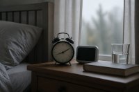 Nachttisch im Morgengrauen mit analogem Wecker, Funkuhr und halb geöffnetem Vorhang, durch den erstes Tageslicht fällt