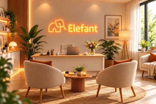 Gemütlicher Beratungsraum mit Elefant-Neonschild.png
