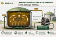 Was passiert bei der Temperaturhomogenisierung im Fermenter?
Bei der Temperaturhomogenisierung wird die Durchmischung im Fermenter so unterstützt, dass warme und kühlere Bereiche besser miteinander vermischt werden. Dadurch können Temperaturunterschiede im Substrat reduziert und gleichmäßigere Bedingungen für den biologischen Prozess geschaffen werden.