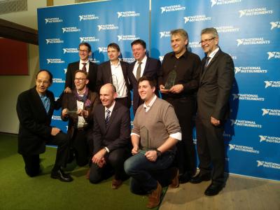 Freuen sich über die Auszeichnung (v.l.n.r., hinten/vorne): Ingo Schumacher (Systems Engineering Manager CER, National Instruments), Dr. Gerd Schmitz (CEO, S.E.A. Datentechnik GmbH), Georg Plasswilm (Regional Sales Director CER, National Instruments), Michael Konrad (CEO, Konrad Technologies GmbH), Michael Dams (Regional Partner Manager CER, National Instruments), Tony Vento (VP Systems Assurance and Partners, National Instruments), Frank Heidemann (CEO, SET GmbH), Robert Morton (VP Sales & Marketing EMEIA, National Instruments), Josef Eiswirt (Sales Manager, measX GmbH & Co. KG).