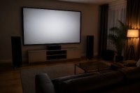 Wohnzimmer mit großer Projektionsfläche und Lautsprechern am Abend. Ein abgedunkeltes Wohnzimmer mit großer heller Projektionsfläche an der Wand und Standlautsprechern daneben. Symbolbild zur wachsenden Nachfrage nach großen Bilddiagonalen und Projektoren. Bild KI-generiert