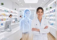 Apothekerin in einer modernen Apotheke neben einer holografischen KI-Assistentin, die symbolisch für den IXOS.iCall steht.