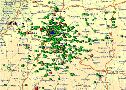 Die Planungssituation: Die grünen Symbole stehen für Kunden bzw. Tourstopps, die roten für Depots