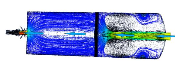 Simulation der Strömungsverhältnisse im Schichtspeicher: Vermeidung von Verwirbelungen durch speziell ausgelegten Gleichrichter / Grafik: Ehrler Prüftechnik Engineering GmbH