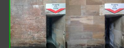 Vorher-Nachher Vergleich der gereinigten Dommauern.