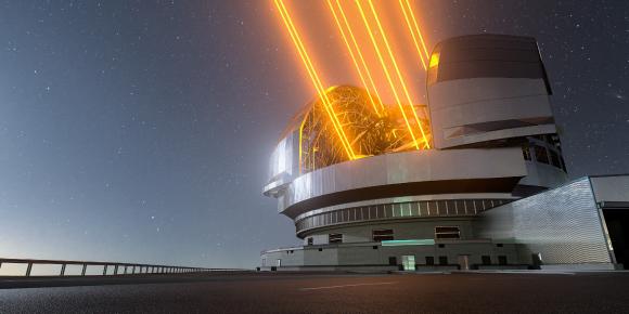 This image shows an artist's impression, based on the final design for the telescope, of ESO's Extremely Large Telescope (ELT), which will be the biggest ‘eye on the sky’ when it achieves first light later this decade. The telescope uses lasers to create artificial guide stars to measure how much the light is distorted by turbulence in the Earth’s atmosphere. Credit: ESO