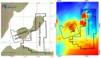 Abb.1 – Linke Seite: 3D-Modell des magnetischen Grundgebirges mit MVI-Magnetismus von > 0,00018 (grün) in Draufsicht. Rechte Seite: Gesamtmagnetfeldstärke.