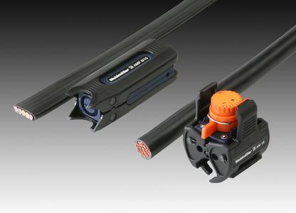 Weidmüller’s sheath stripping tools AM 16 and AMF 6/10: professional sheath stripping tools for flat cables – AMF 6/10 (left) – and the AM 16 model (right) for round cables.